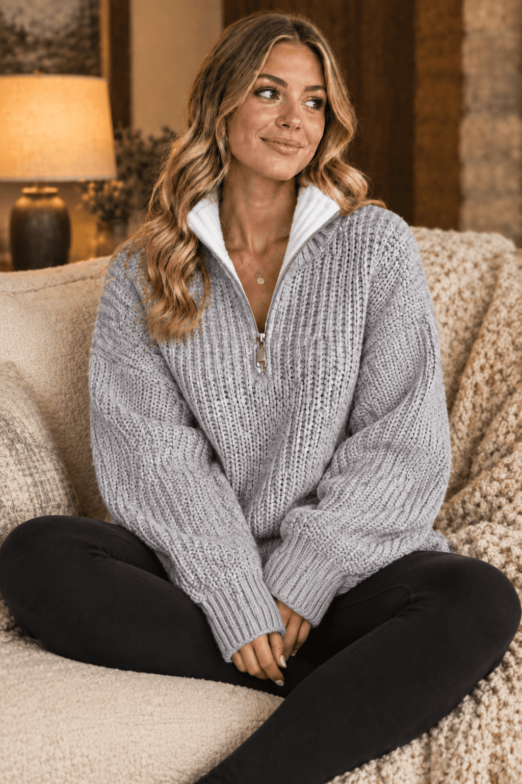Haven Oversized Quarter-Zip Chunky Knit Sweater - Bella Blossom Boutique