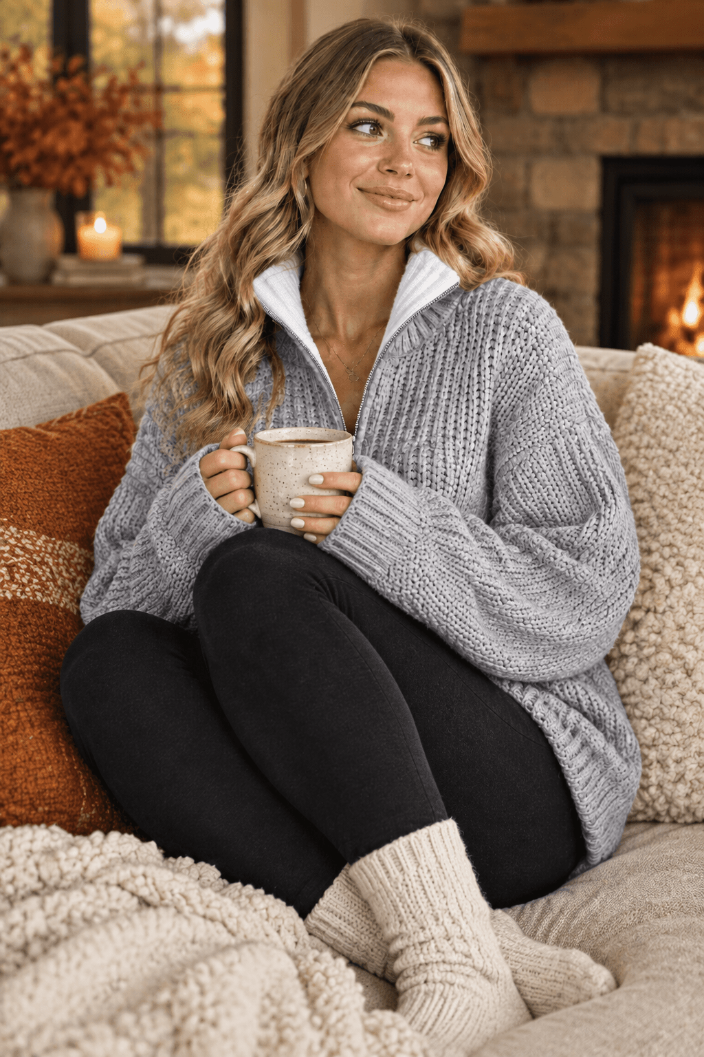 Haven Oversized Quarter-Zip Chunky Knit Sweater - Bella Blossom Boutique