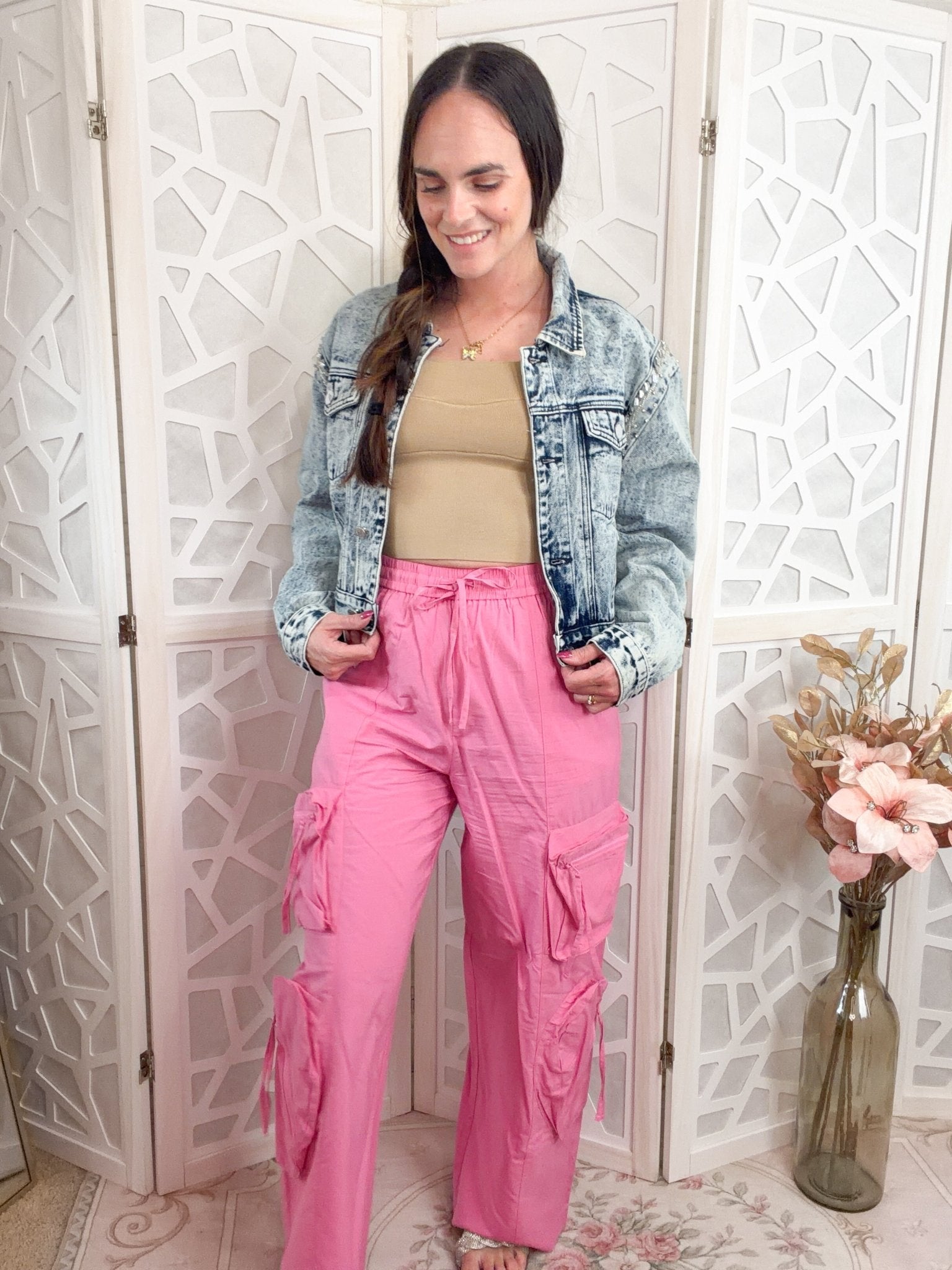 Heartbreaker High - Waisted Pink Wide - Leg Cargo Pants with Heart Pockets - Bella Blossom Boutique
