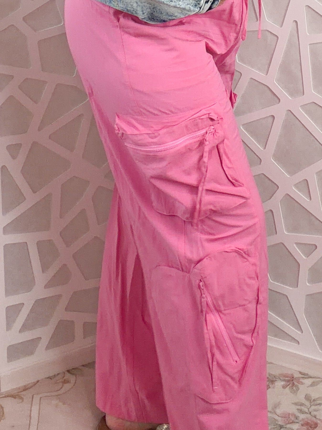 Heartbreaker High - Waisted Pink Wide - Leg Cargo Pants with Heart Pockets - Bella Blossom Boutique