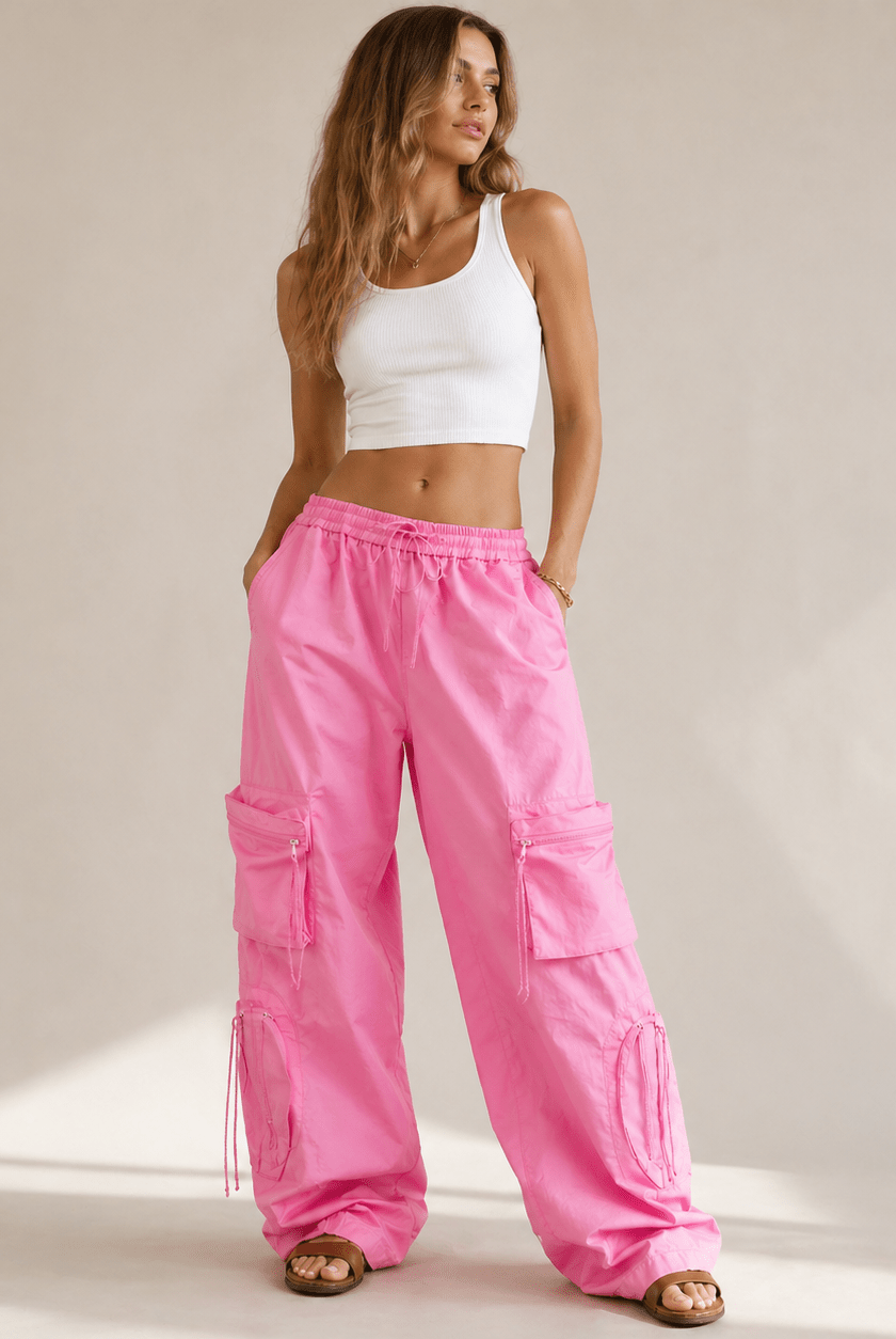 Heartbreaker High - Waisted Pink Wide - Leg Cargo Pants with Heart Pockets - Bella Blossom Boutique