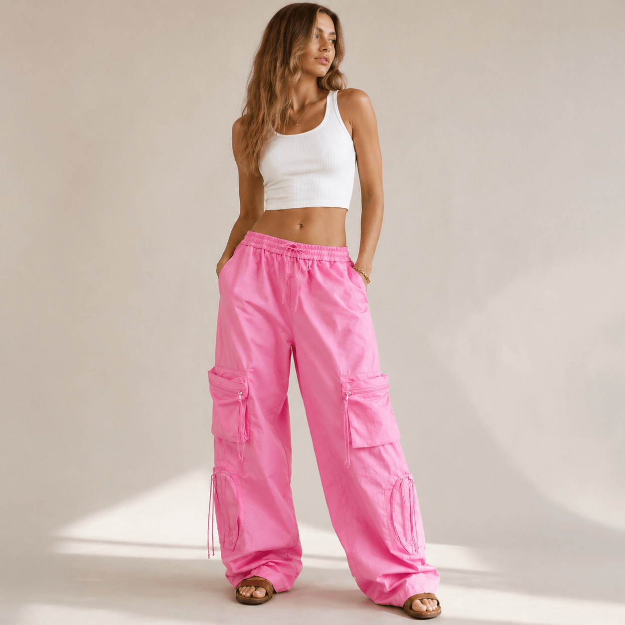 Heartbreaker High - Waisted Pink Wide - Leg Cargo Pants with Heart Pockets - Bella Blossom Boutique