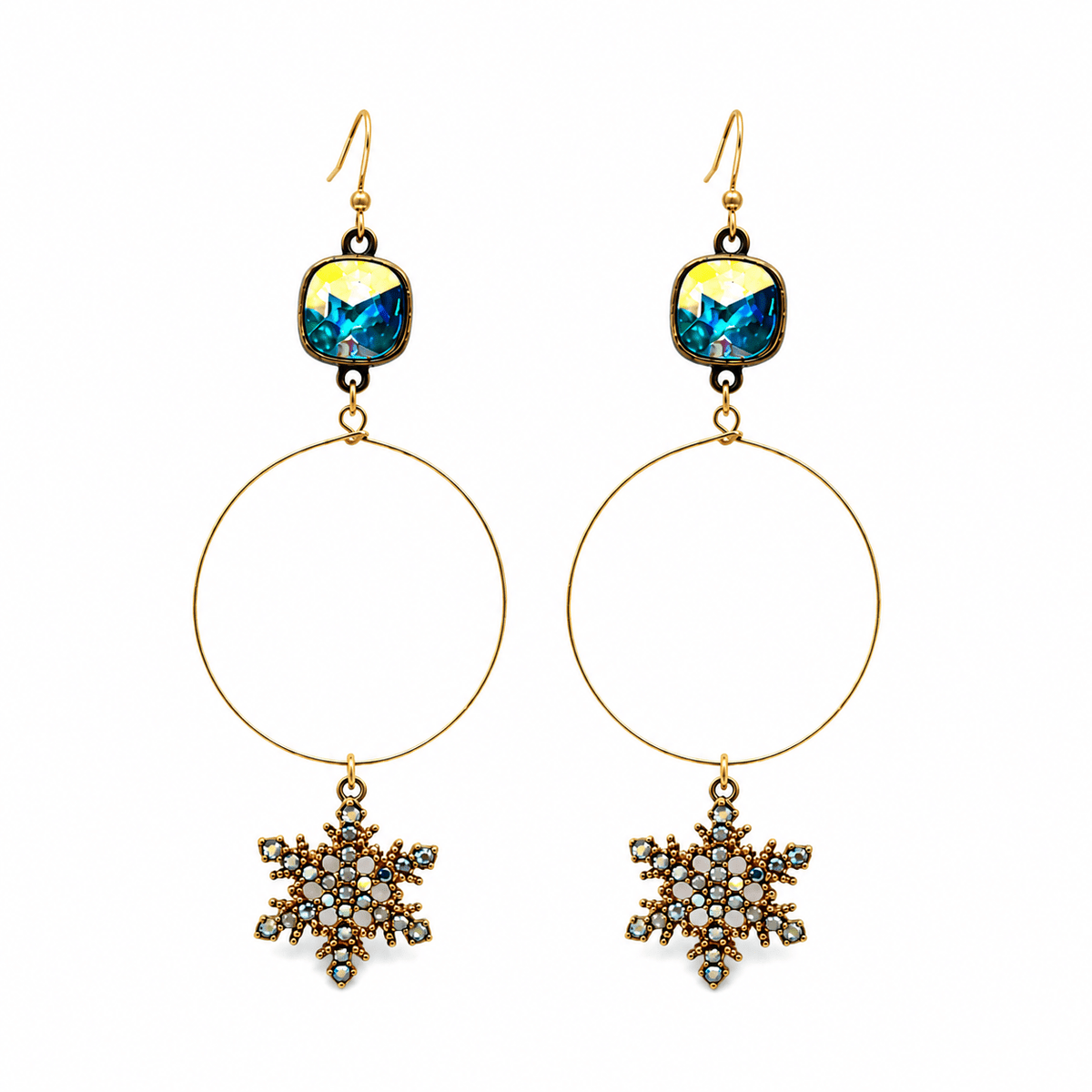 Iridescent Austrian Crystal Snowflake Hoop Drop Earrings - Bella Blossom Boutique