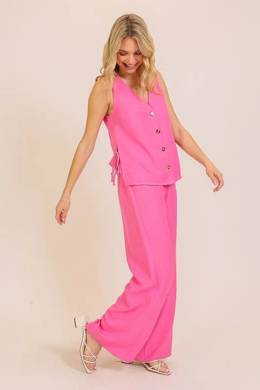 Isla Linen - Look 2 - Piece Vest & Pants Set – Hot Pink Resort Wear - Bella Blossom Boutique