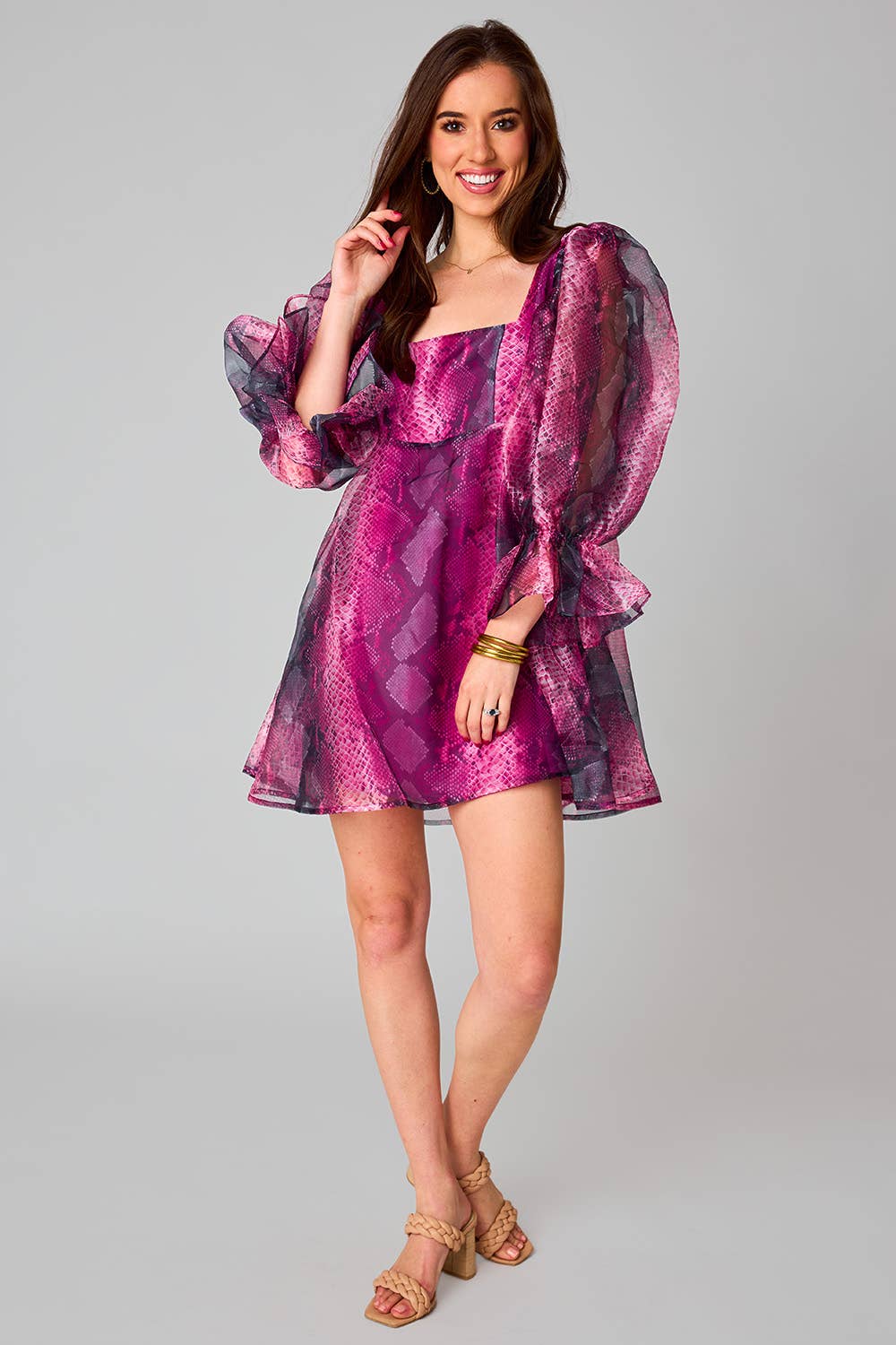 Jaffar Pink Snakeskin Puff Sleeve Babydoll Mini Dress - Bella Blossom Boutique