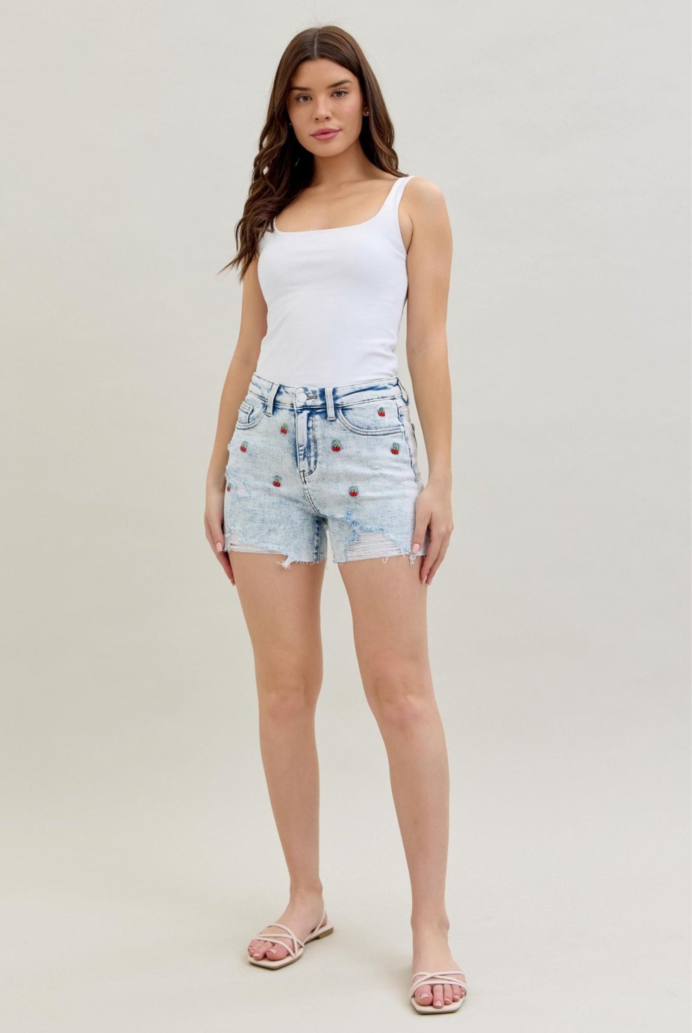 Judy Blue Cherry Embroidered Mid - Rise Distressed Denim Shorts - Bella Blossom Boutique