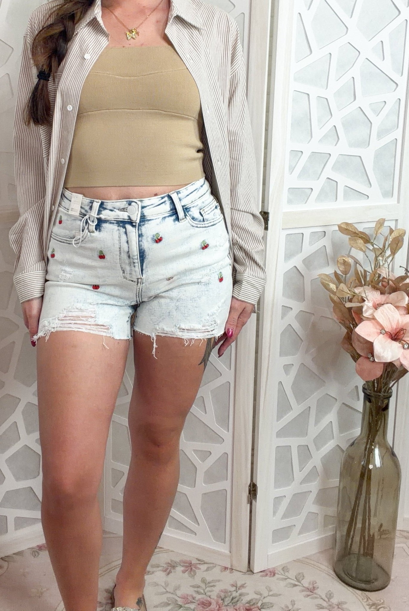 Judy Blue Cherry Embroidered Mid - Rise Distressed Denim Shorts - Bella Blossom Boutique