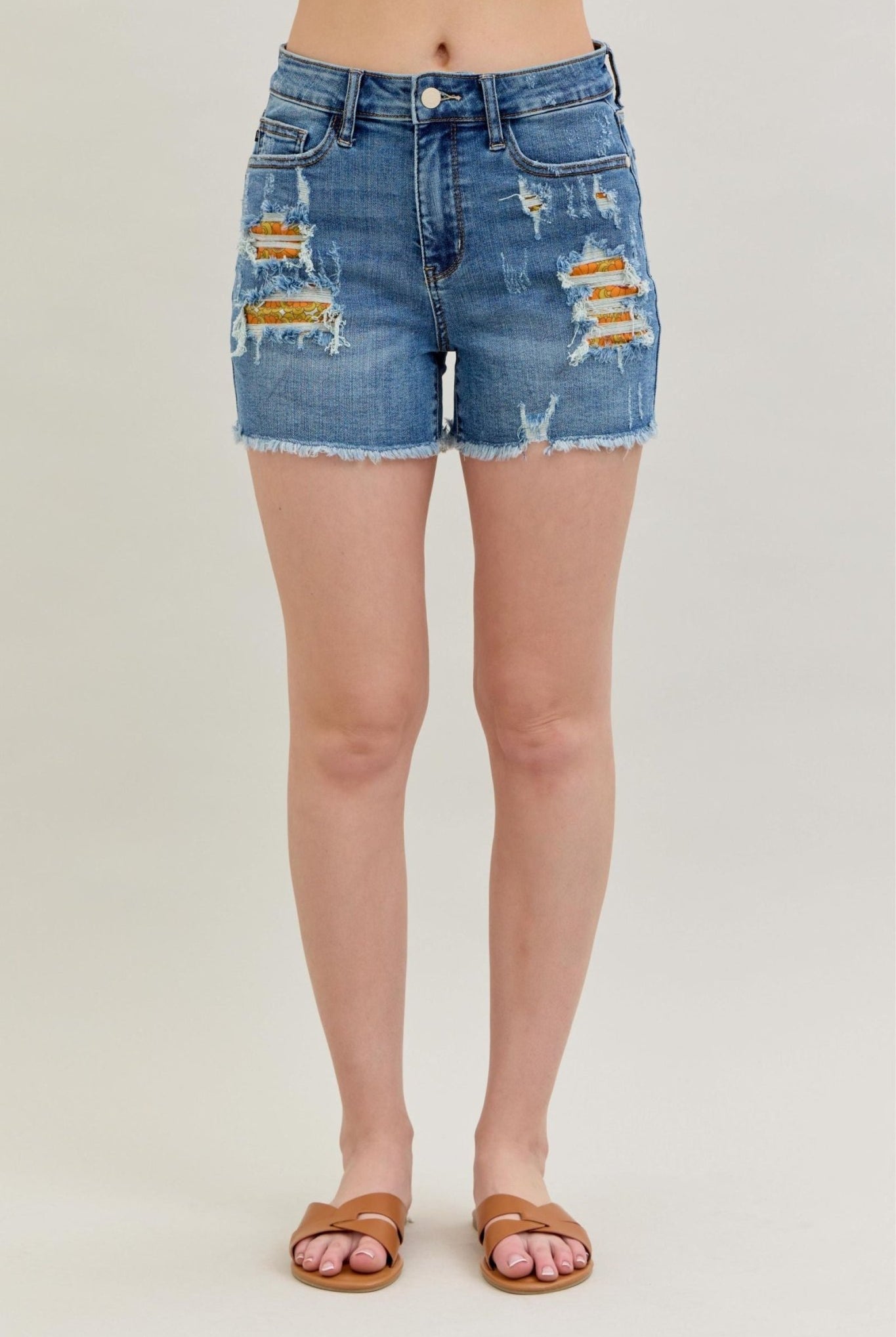 Judy Blue Mid - Rise Distressed Denim Shorts - Printed Pocket Detail - Bella Blossom Boutique
