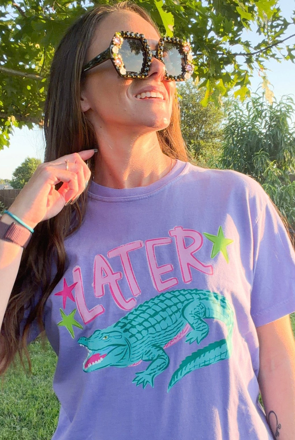 Later Gator, After While Crocodile Comfort Colors Tee - Violet Retro Graphic Shirt - Bella Blossom Boutique