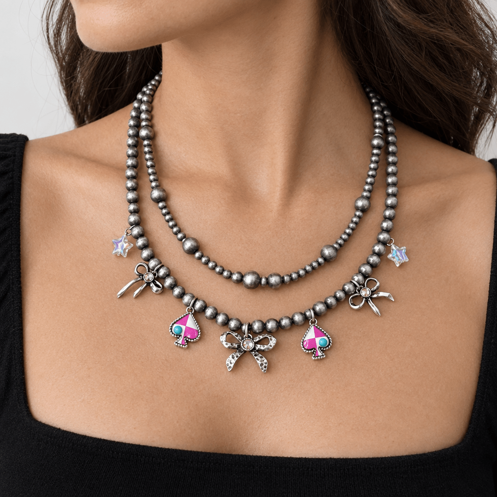 Layered Pearl Necklace with Bow & Spade Charms - Bella Blossom Boutique
