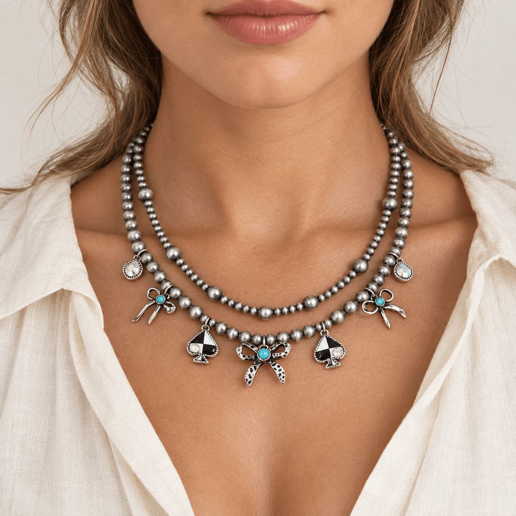 Layered Pearl Necklace with Bow & Spade Charms - Bella Blossom Boutique