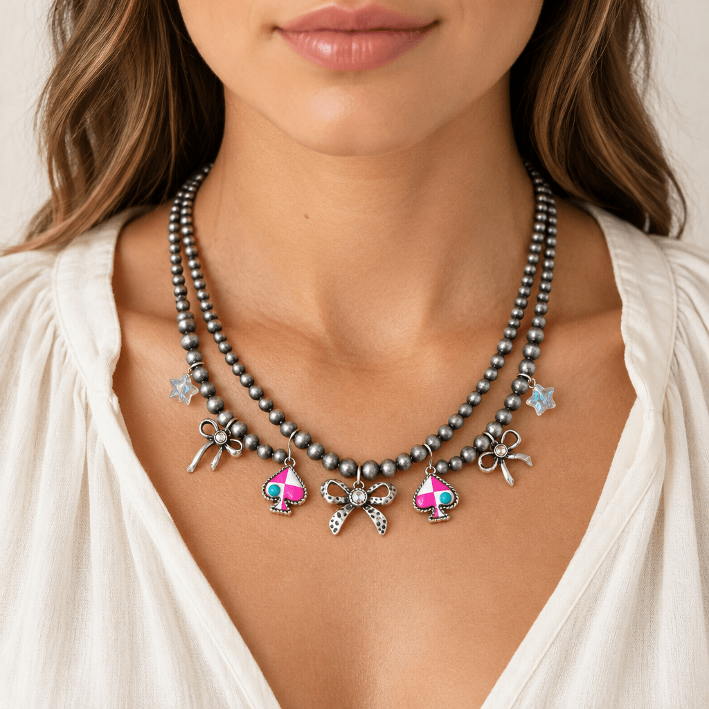 Layered Pearl Necklace with Bow & Spade Charms - Bella Blossom Boutique