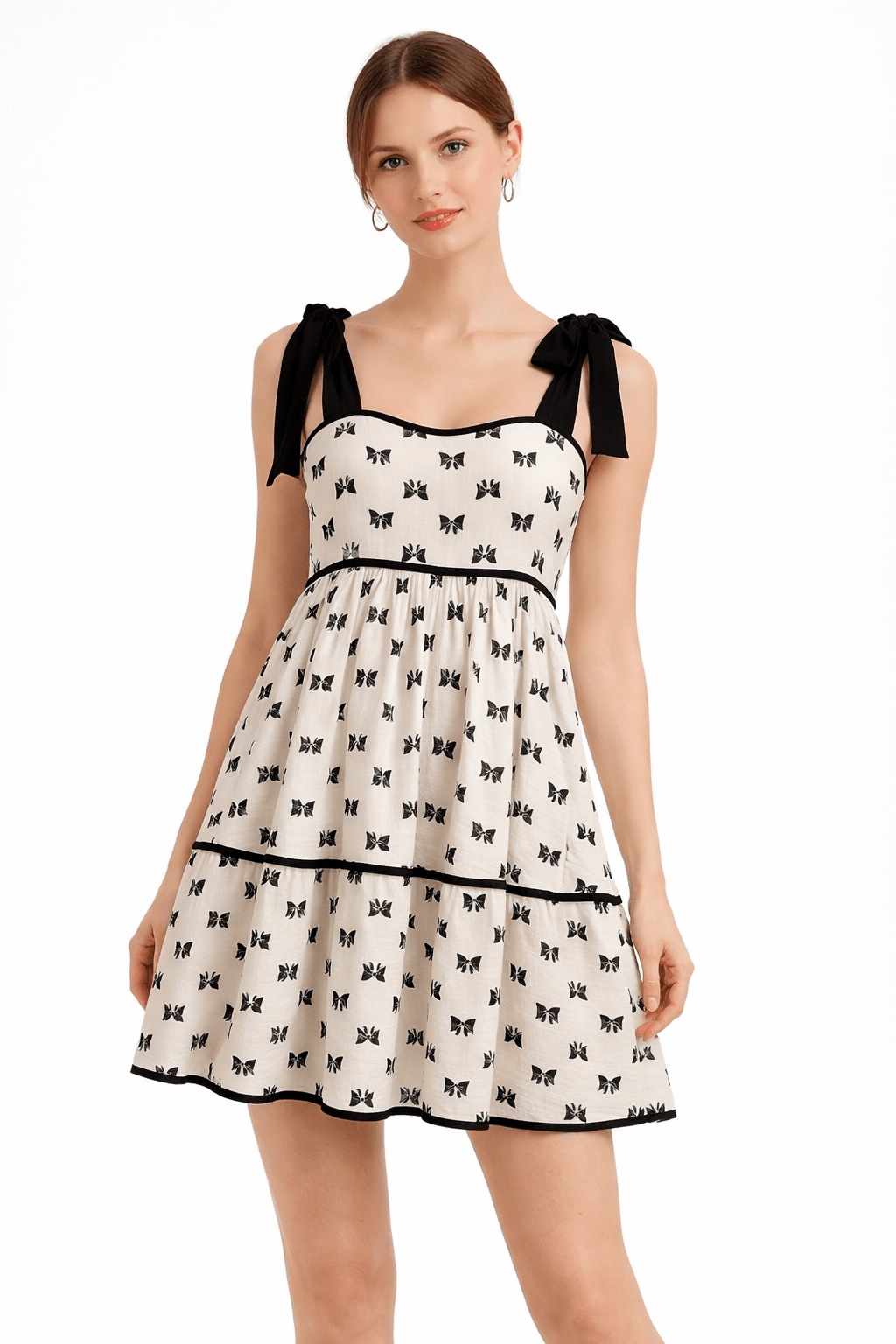 Luna Bow Print Babydoll Mini Dress with Ribbon Straps - Bella Blossom Boutique