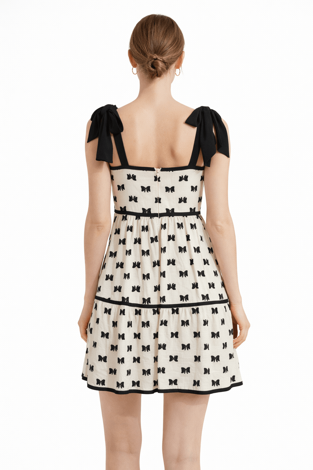 Luna Bow Print Babydoll Mini Dress with Ribbon Straps - Bella Blossom Boutique