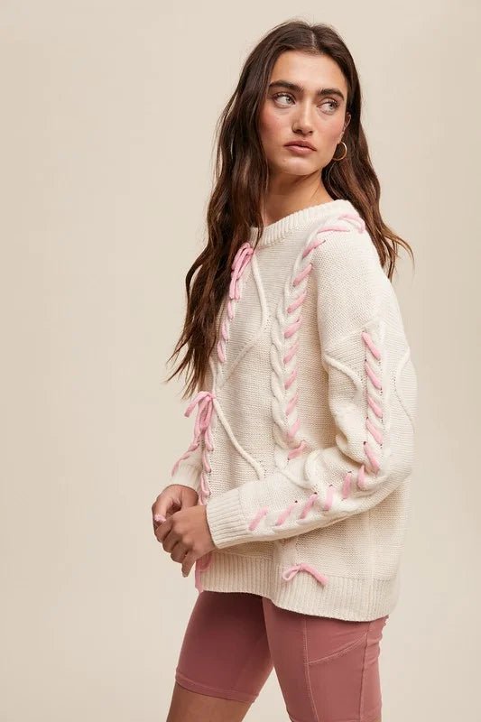 Luna Ribbon Lace - Up Cable Knit Sweater - Bella Blossom Boutique