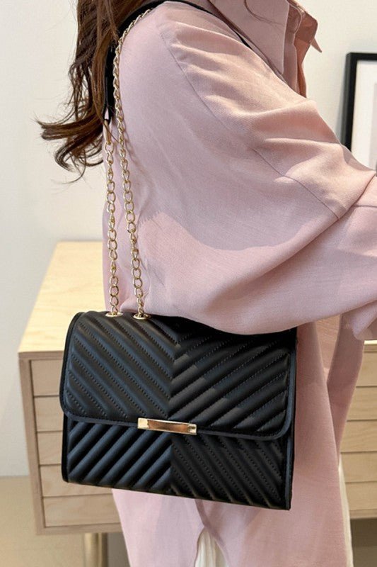 Luxe Chevron Quilted Shoulder Bag | Gold Chain Crossbody - Bella Blossom Boutique