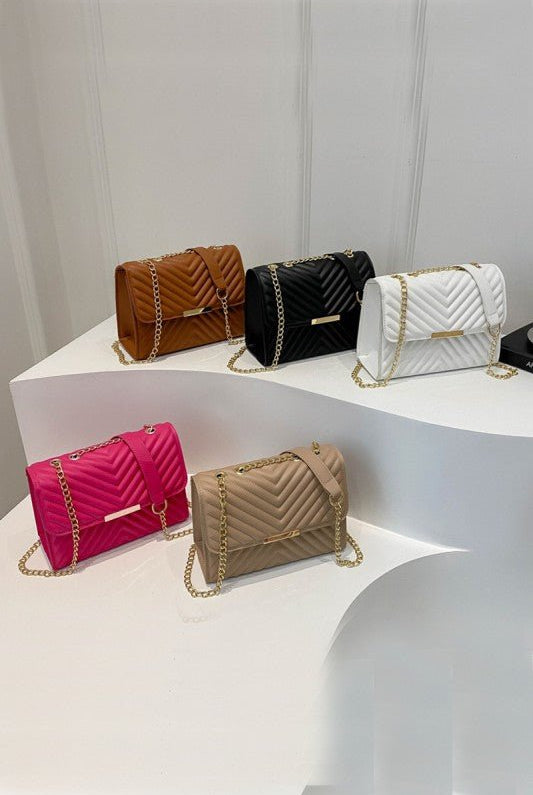 Luxe Chevron Quilted Shoulder Bag | Gold Chain Crossbody - Bella Blossom Boutique