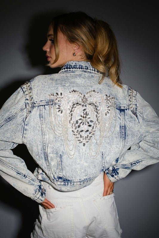 Luxe Pearl & Rhinestone Embellished Denim Jacket - Bella Blossom Boutique