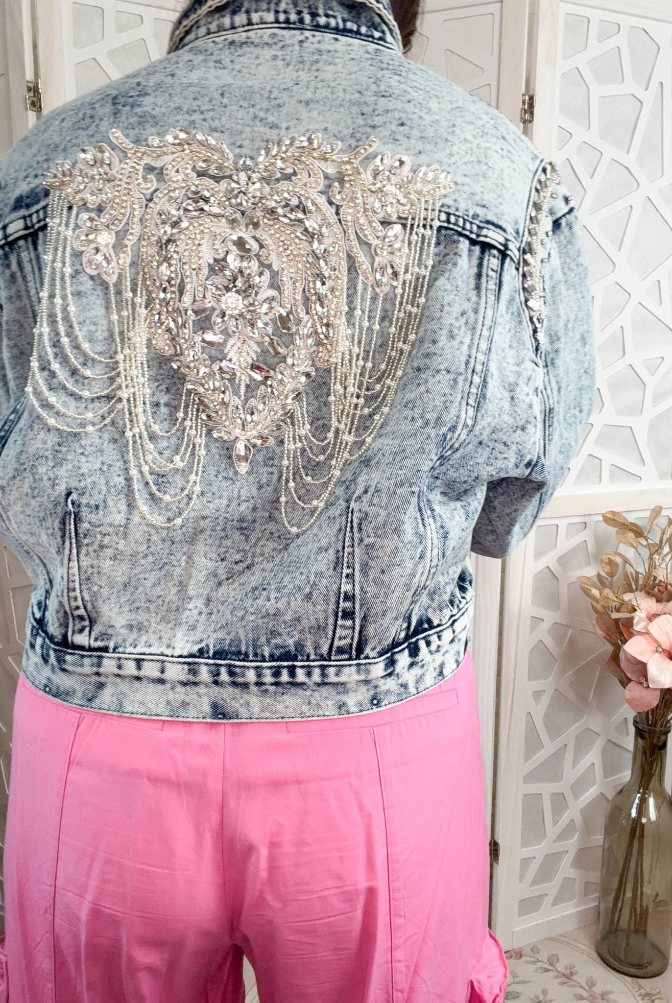 Luxe Pearl & Rhinestone Embellished Denim Jacket - Bella Blossom Boutique