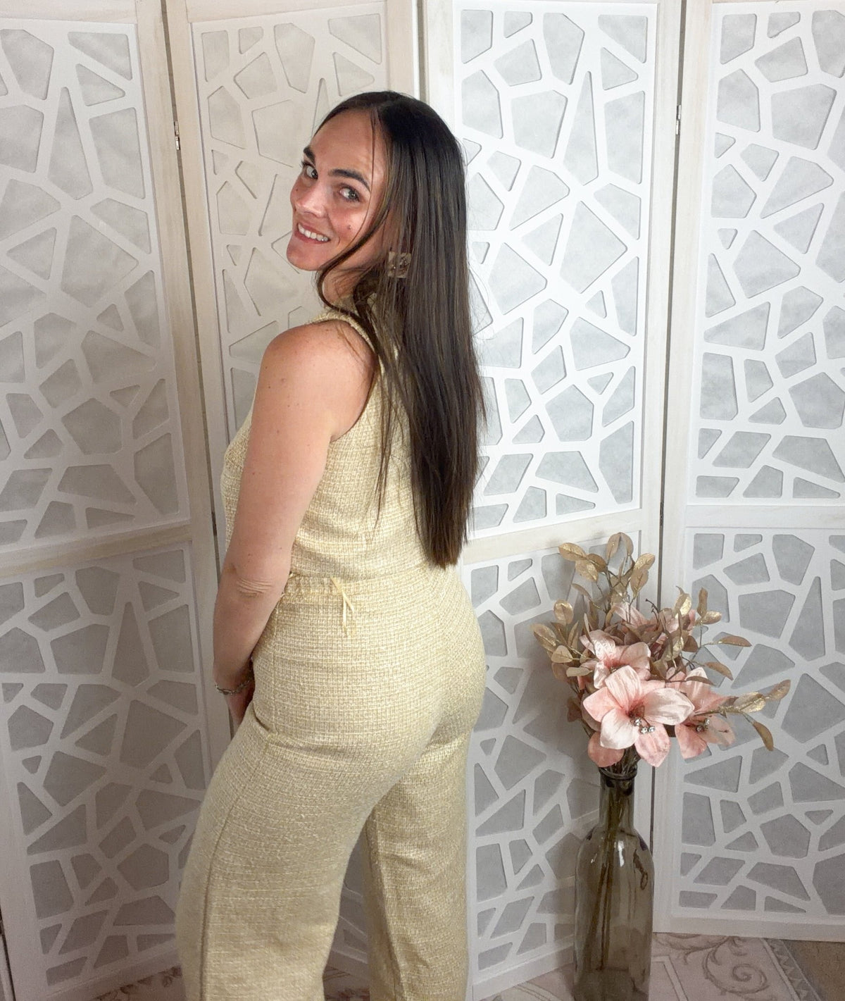 Luxe Rhinestone Pearl Button Yellow Tweed Two-Piece Set - Bella Blossom Boutique