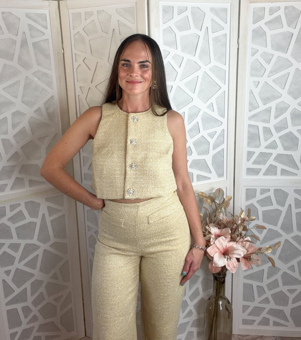 Luxe Rhinestone Pearl Button Yellow Tweed Two-Piece Set - Bella Blossom Boutique