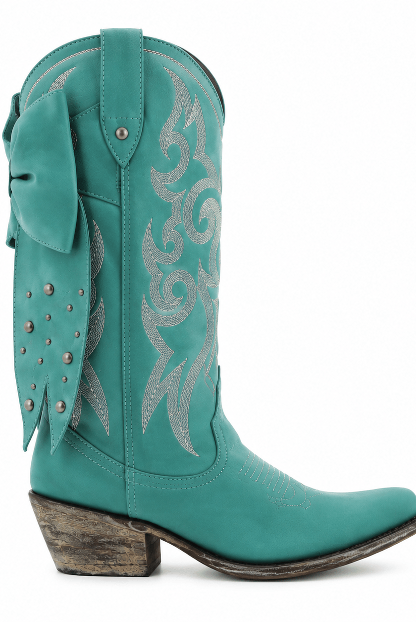 Luxe Turquoise Leather Western Boots with Oversized Statement Bow - Bella Blossom Boutique