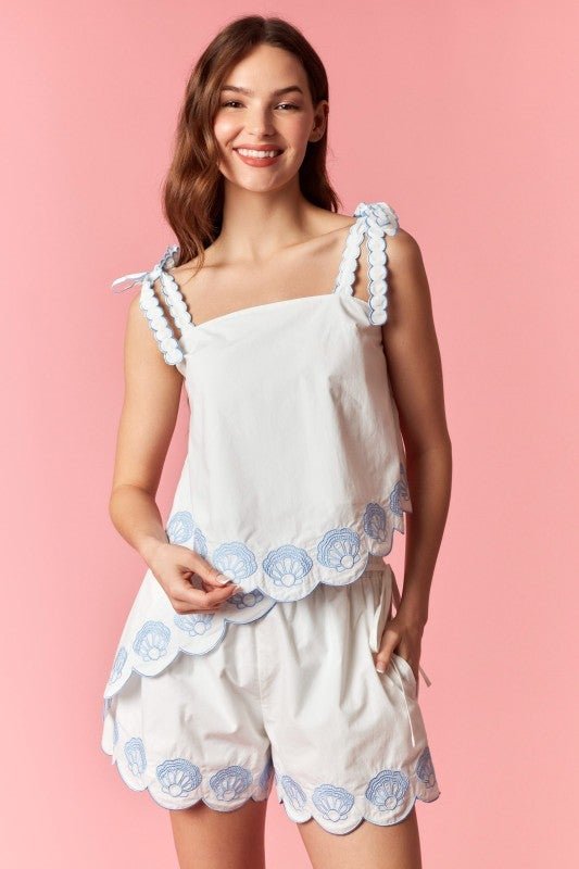 Luxxe Coastal Seashell Embroidered Scalloped Two - Piece Set - Bella Blossom Boutique