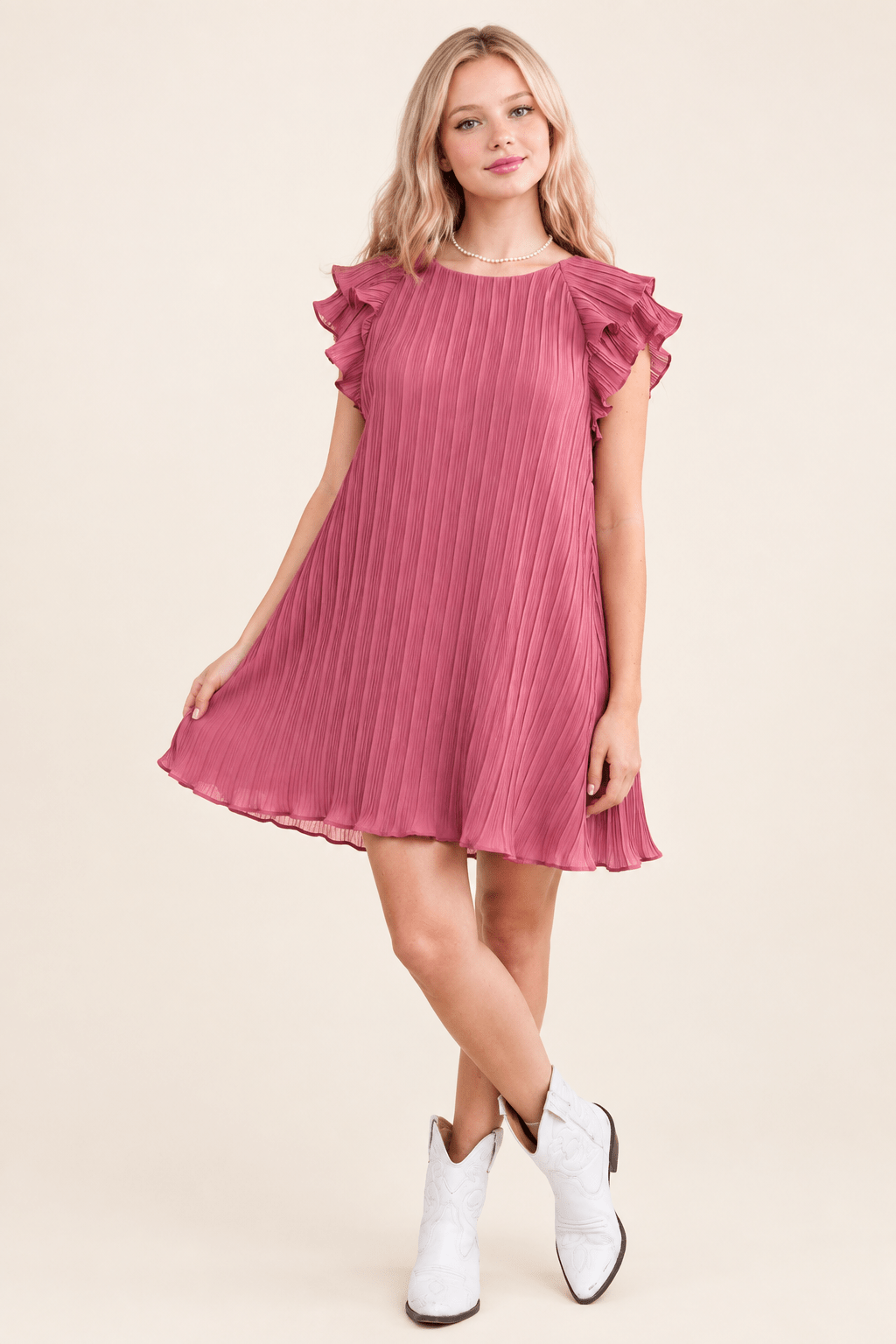 Mauve Ruffle Sleeve Pleated Mini Dress - Bella Blossom Boutique