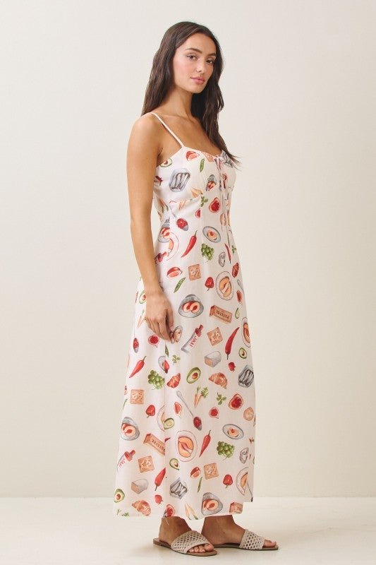 Mediterranean Feast Whimsical Food Print Cami Maxi Dress - Bella Blossom Boutique
