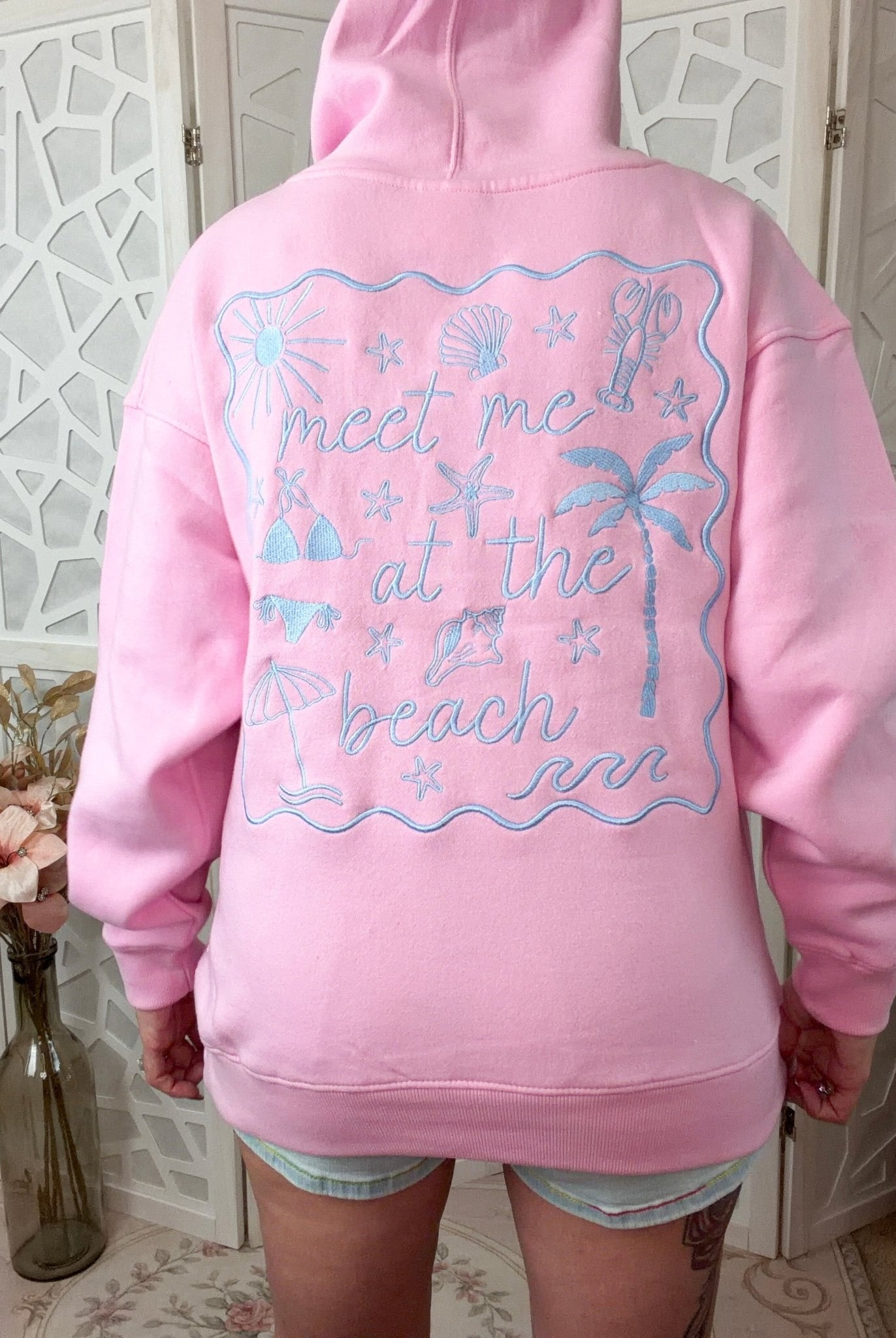 "Meet Me At The Beach" Embroidered Pink Hoodie – Coastal Vacation Aesthetic - Bella Blossom Boutique