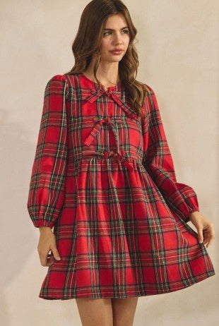 Merry & Bright Red Plaid Bow-Front Mini Dress - Bella Blossom Boutique