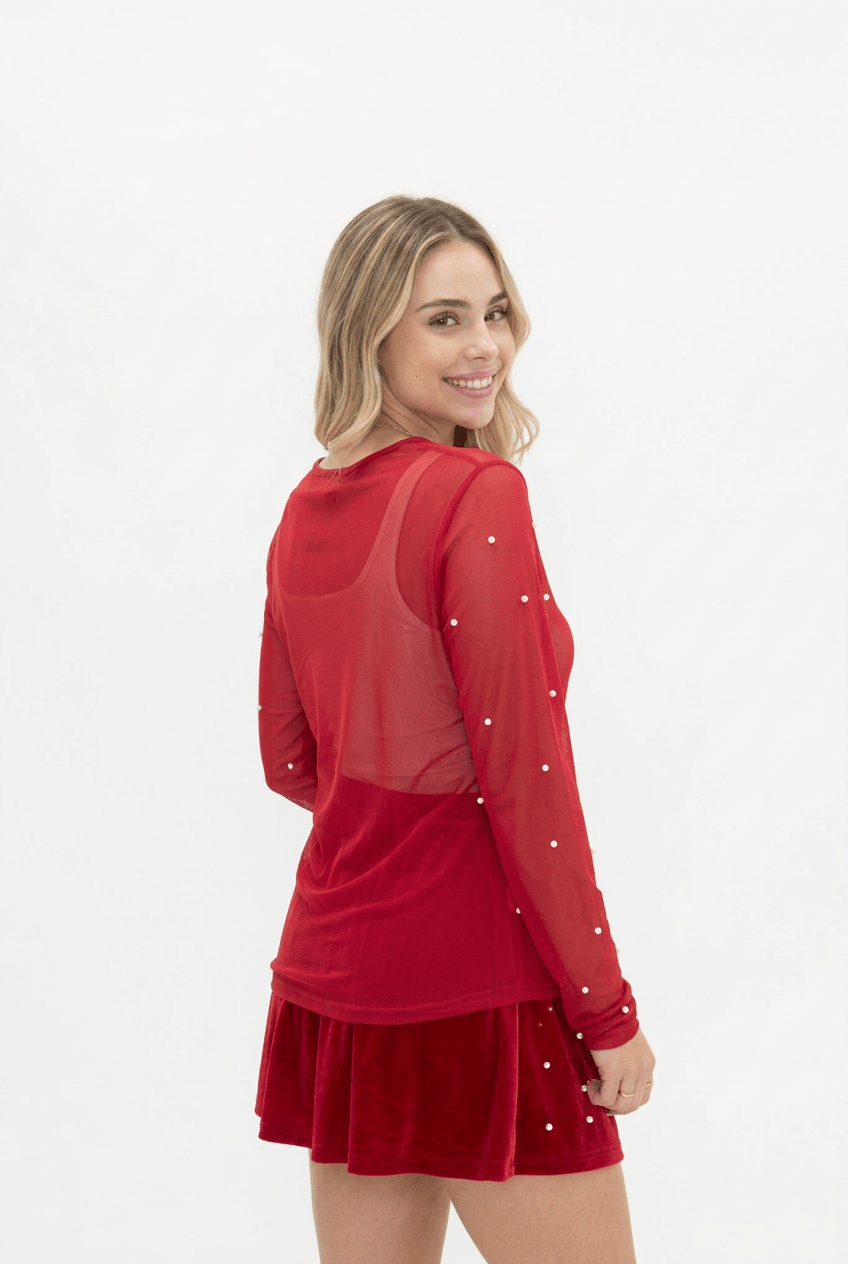 Mesh Long Sleeve Top with Pearl Detail - Bella Blossom Boutique