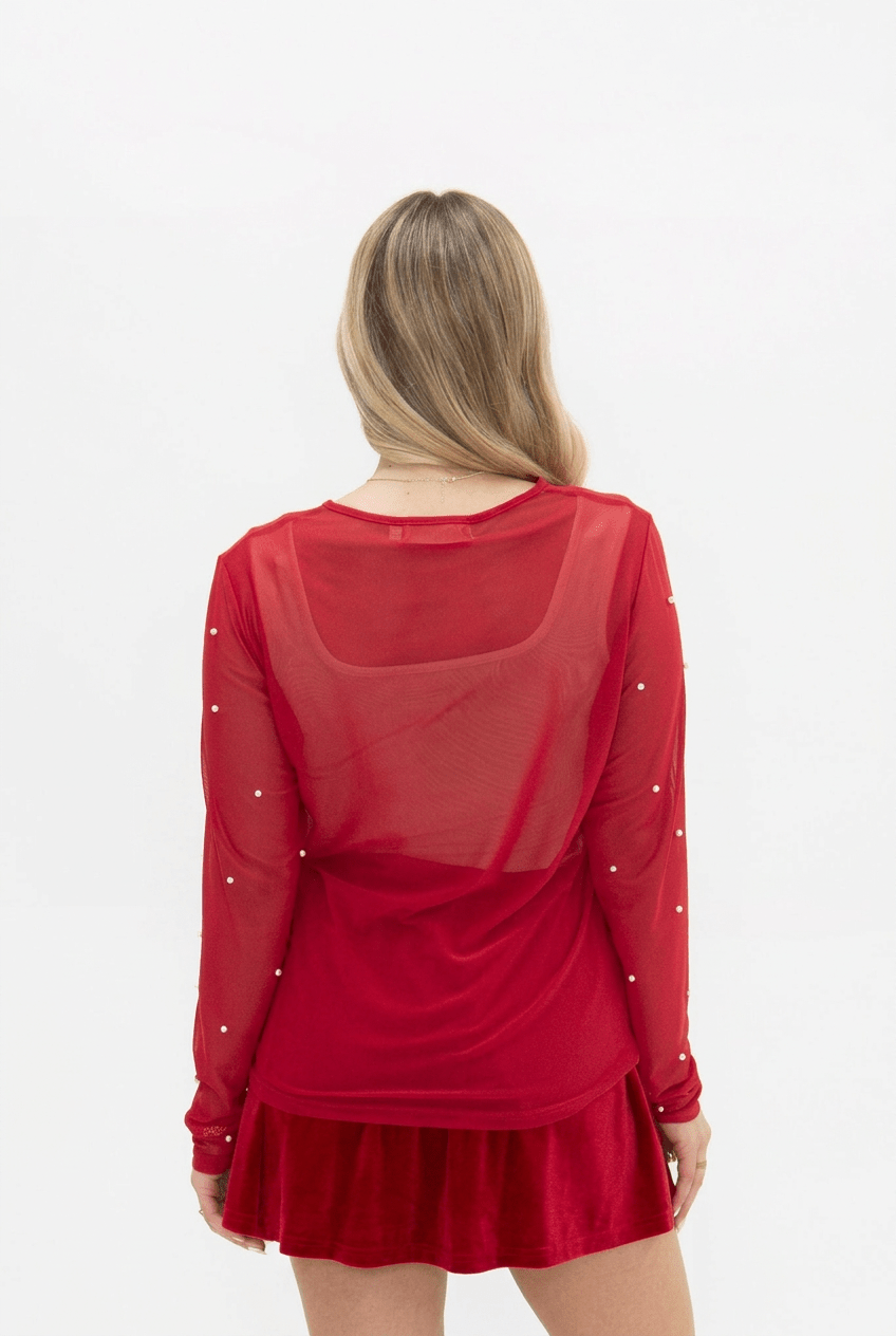 Mesh Long Sleeve Top with Pearl Detail - Bella Blossom Boutique