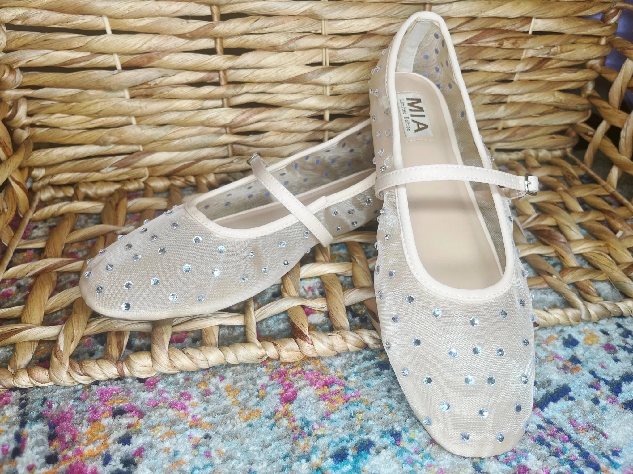 MIA Rhinestone Mesh Ballet Flats – Crystal Mary Janes - Bella Blossom Boutique