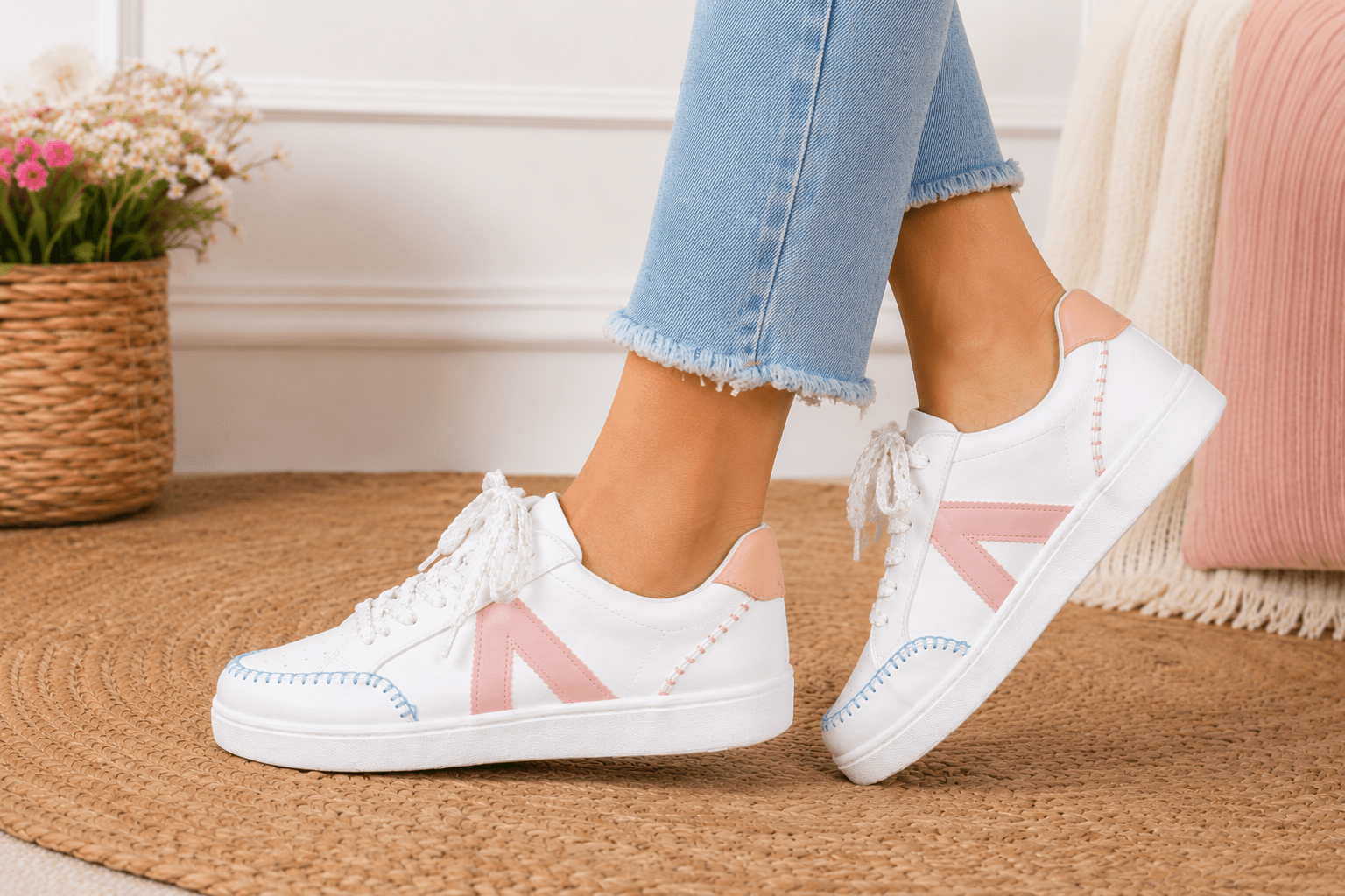 MIA Sleek White & Blush Sneakers – Chic Everyday Comfort with Boho Stitching - Bella Blossom Boutique