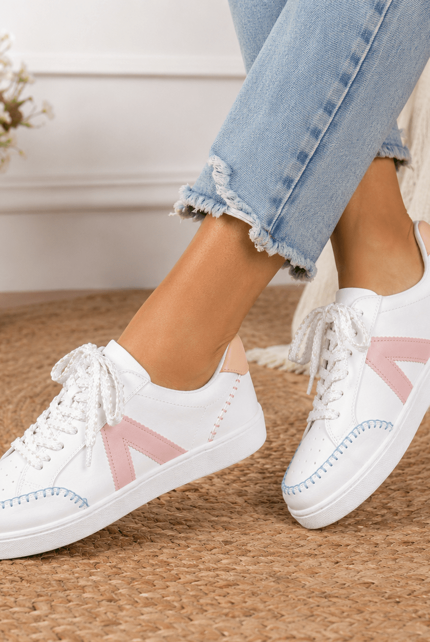 MIA Sleek White & Blush Sneakers – Chic Everyday Comfort with Boho Stitching - Bella Blossom Boutique