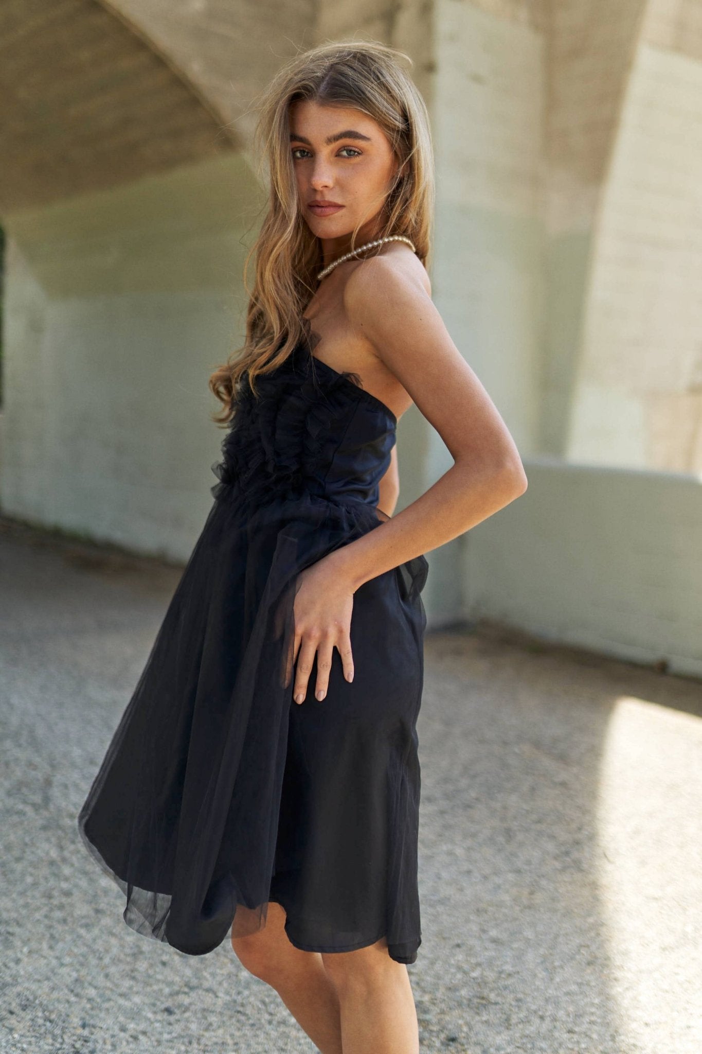 Midnight Muse | Ruffle Mesh Strapless Cocktail Dress - Bella Blossom Boutique