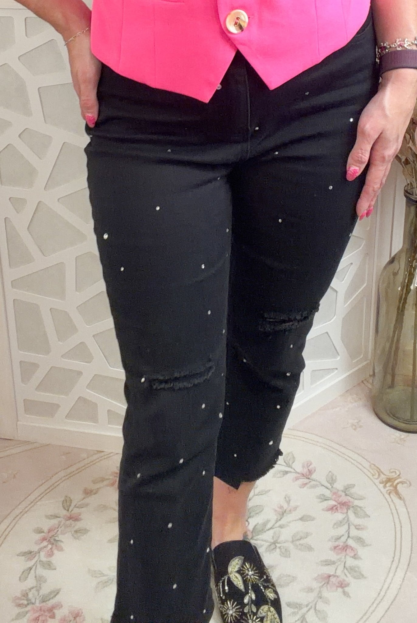 Midnight Sparkle: Studded Black Distressed Skinny Jeans - Bella Blossom Boutique