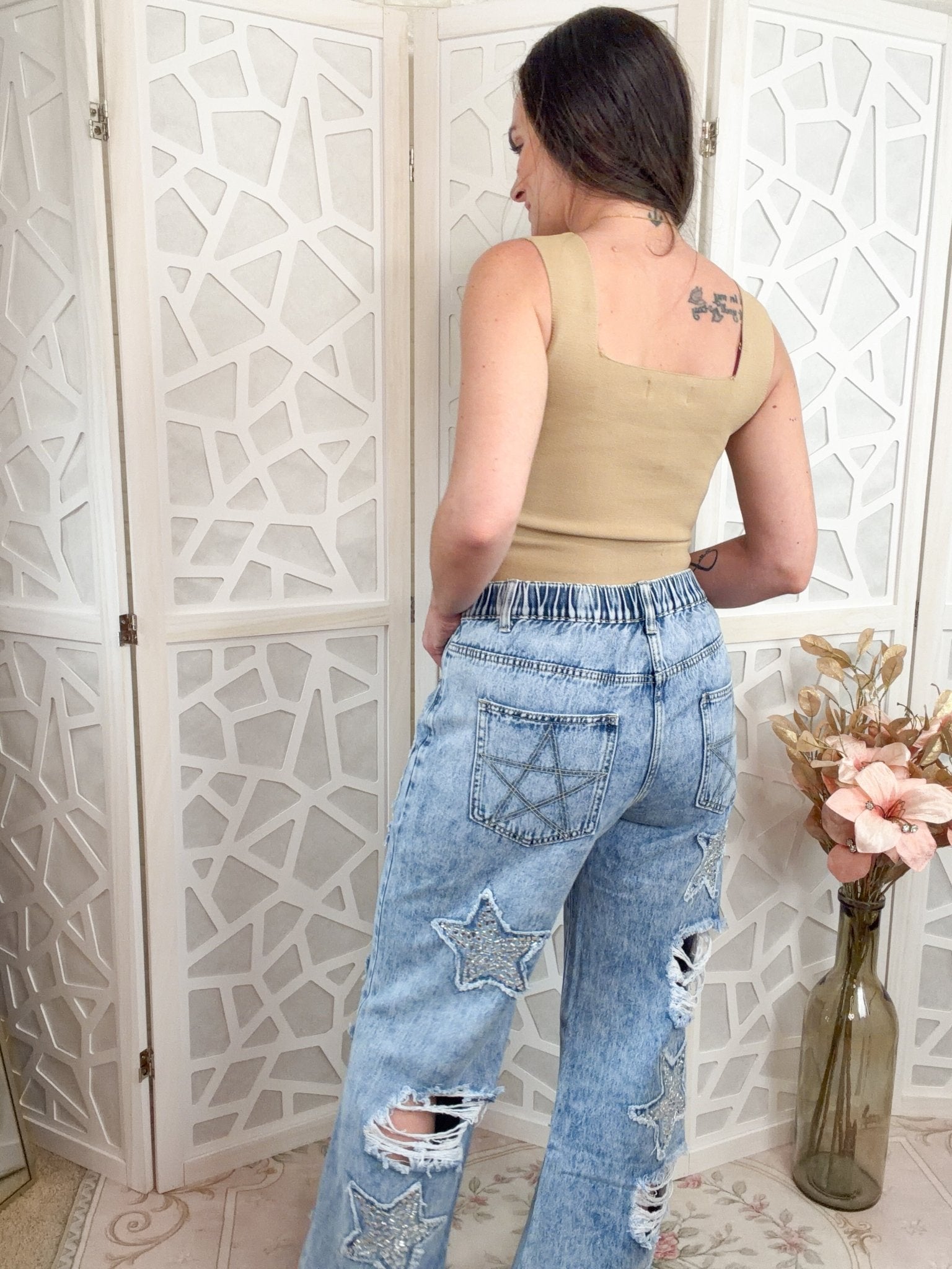 Midnight Star: Distressed Rhinestone Wide Leg Jeans (Mineral Wash) - Bella Blossom Boutique