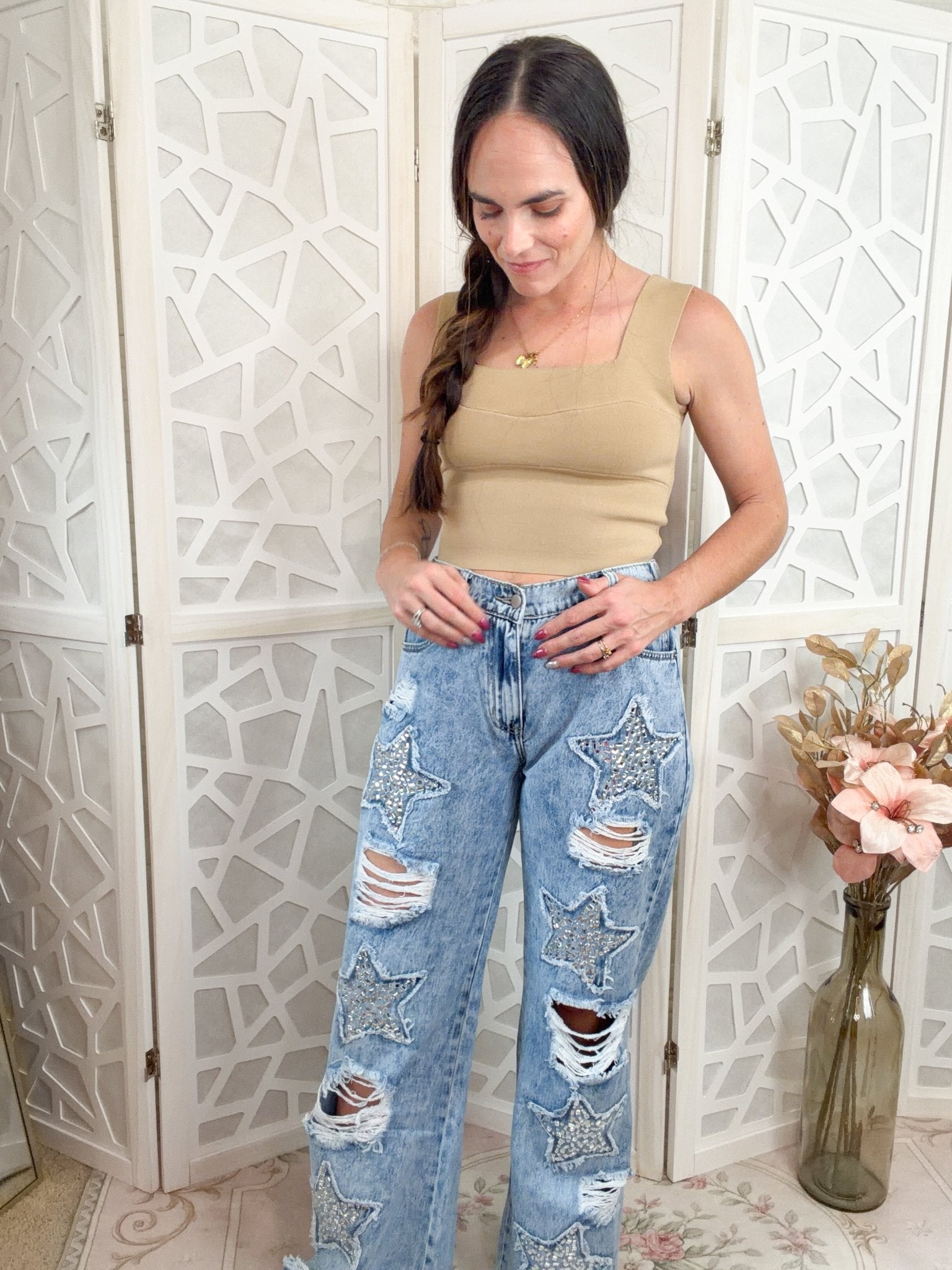 Midnight Star: Distressed Rhinestone Wide Leg Jeans (Mineral Wash) - Bella Blossom Boutique