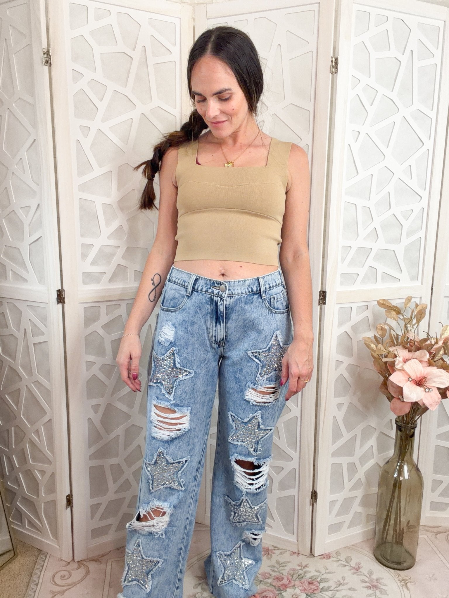 Midnight Star: Distressed Rhinestone Wide Leg Jeans (Mineral Wash) - Bella Blossom Boutique