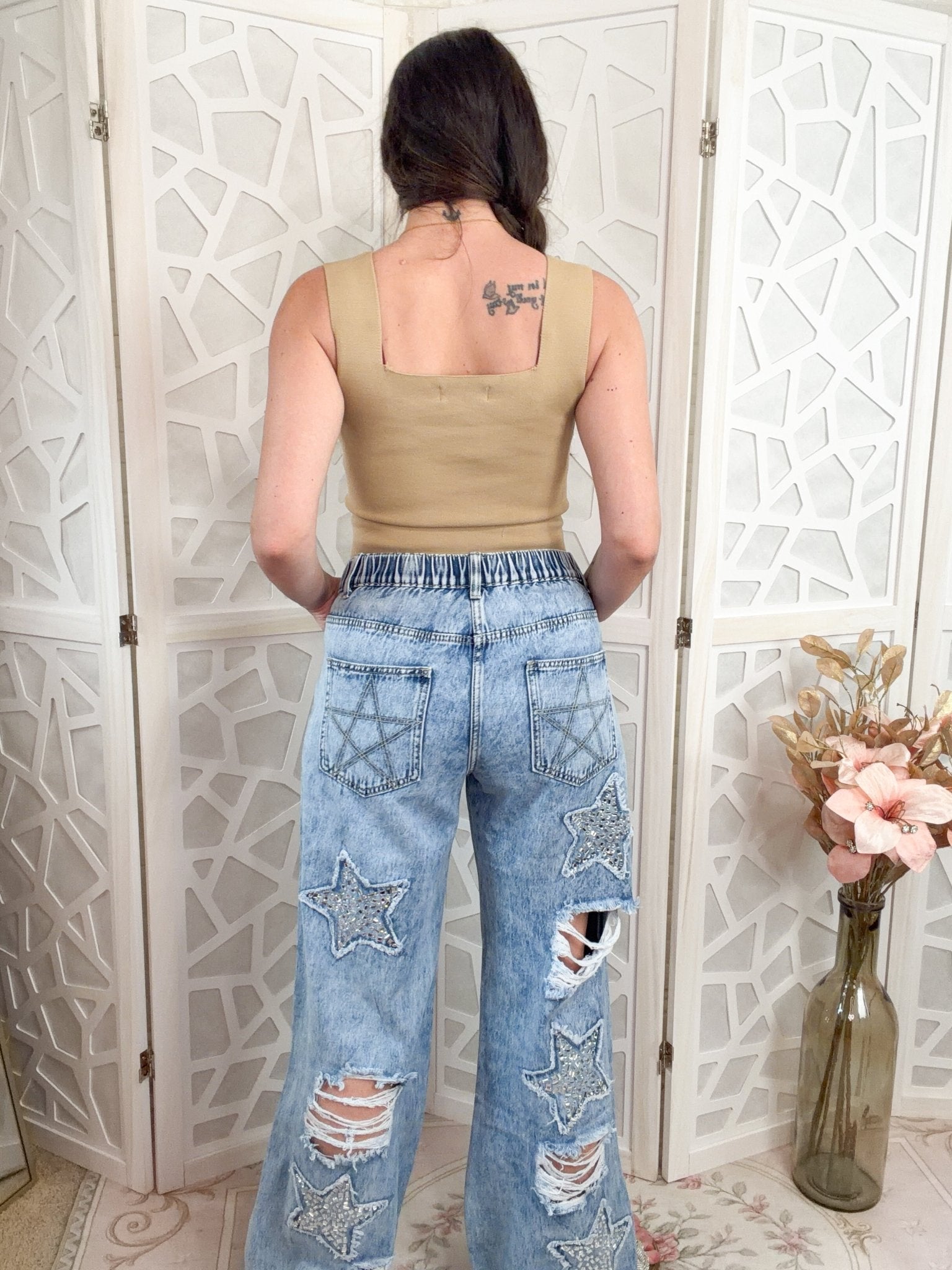 Midnight Star: Distressed Rhinestone Wide Leg Jeans (Mineral Wash) - Bella Blossom Boutique