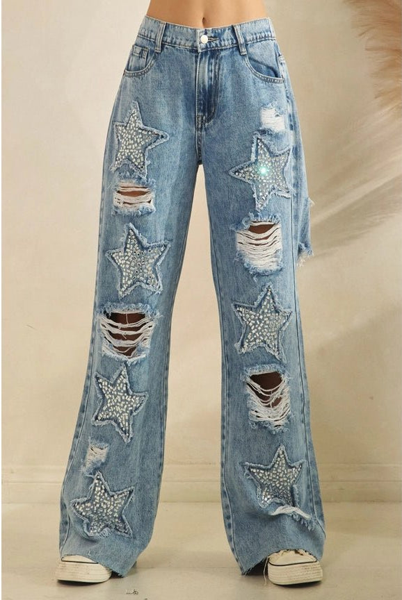 Midnight Star: Distressed Rhinestone Wide Leg Jeans (Mineral Wash) - Bella Blossom Boutique