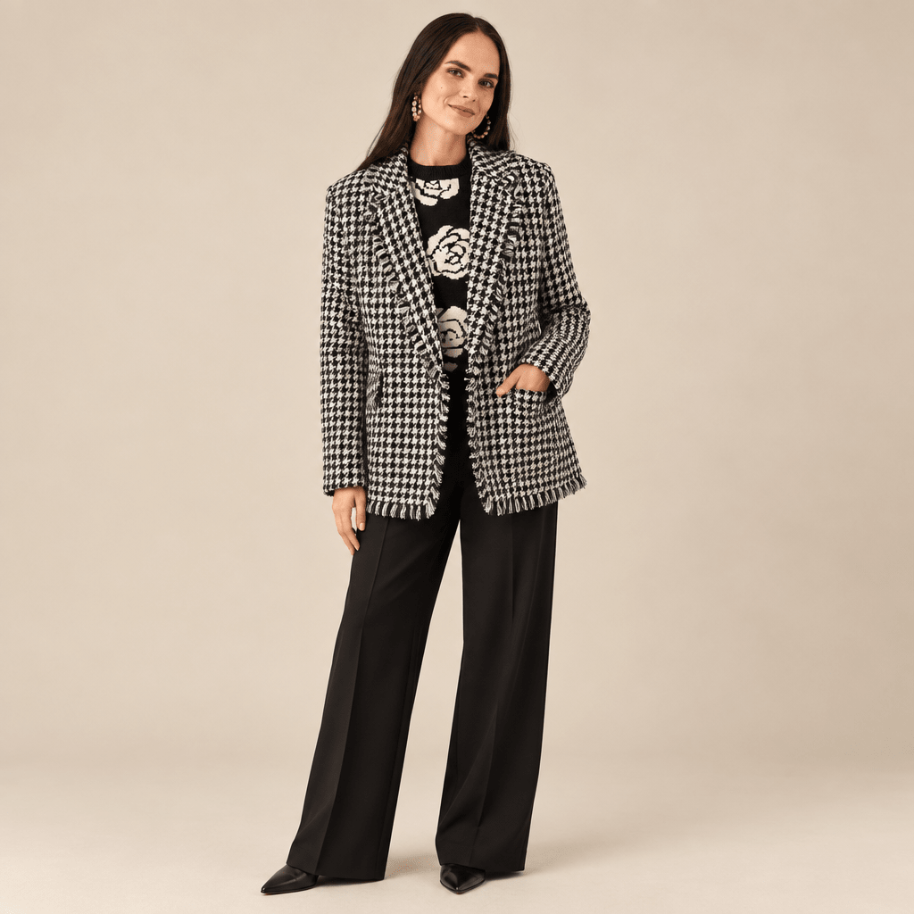 Modern Tailored Houndstooth Blazer with Fringed Trim - Bella Blossom Boutique