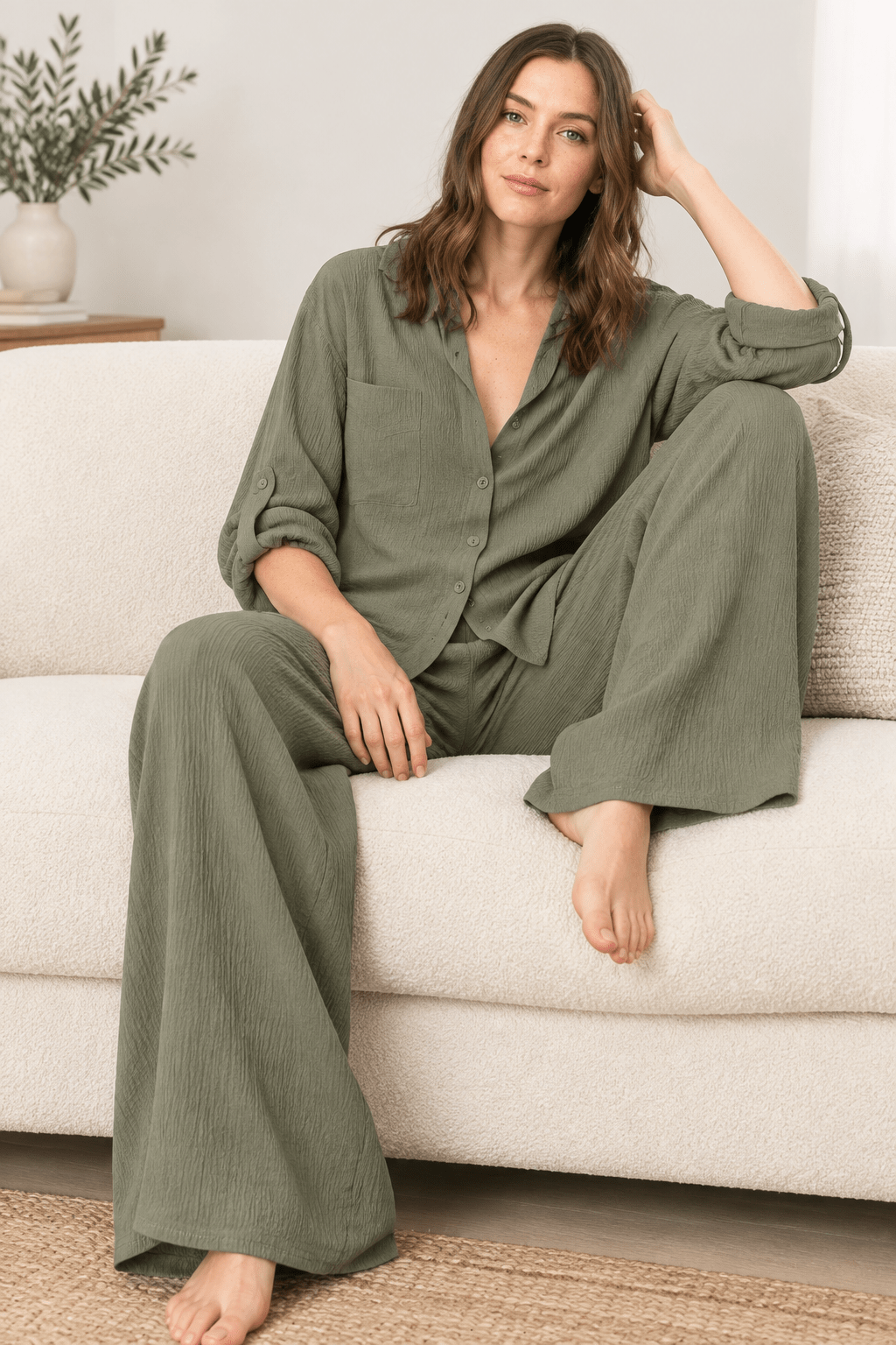 Olive Button Down Lounge Set - Bella Blossom Boutique