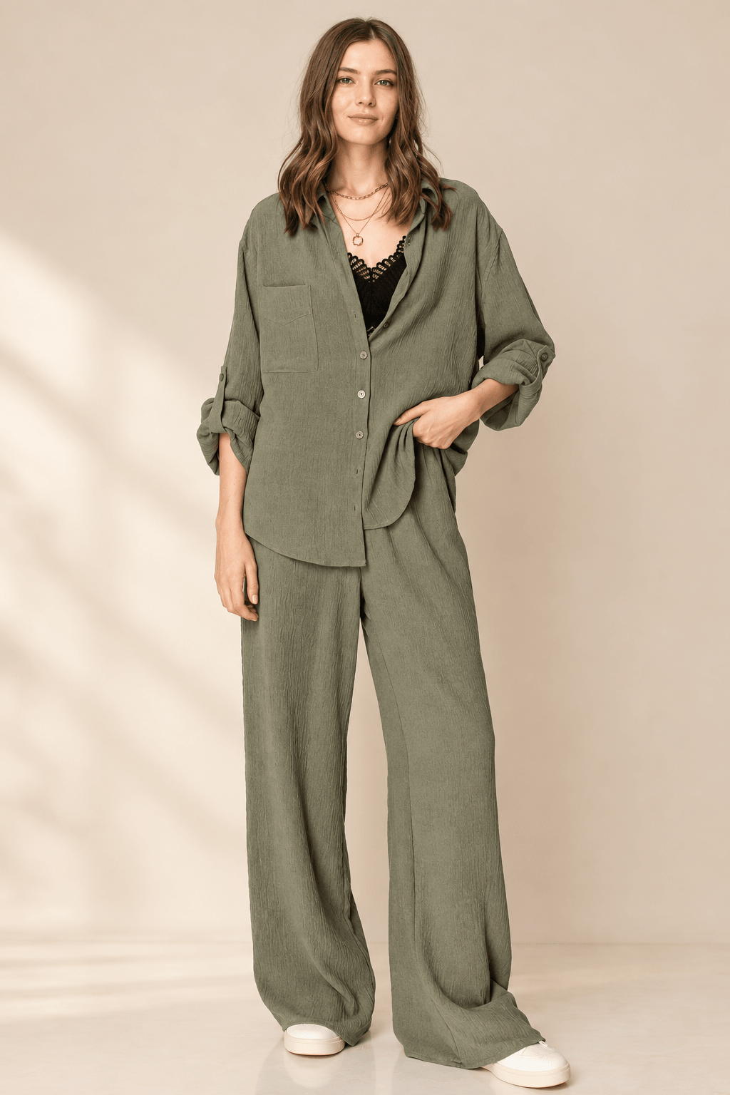 Olive Button Down Lounge Set - Bella Blossom Boutique