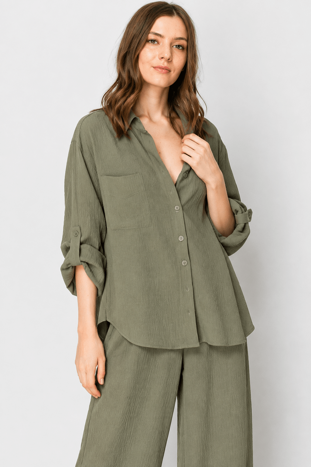 Olive Button Down Lounge Set - Bella Blossom Boutique