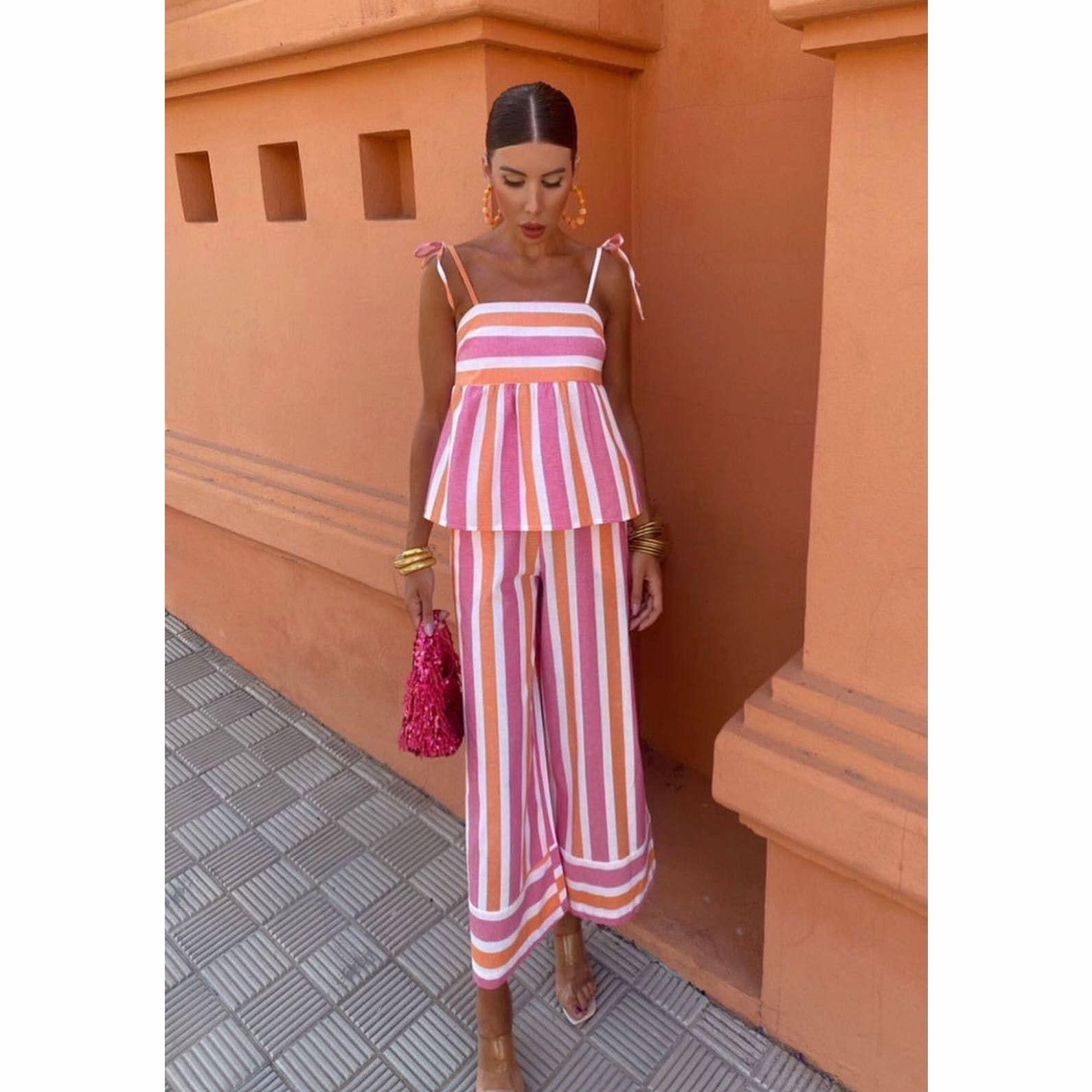 Parisian Chic Striped Co - ord: Premium Two - Piece Top & Pants Set - Bella Blossom Boutique
