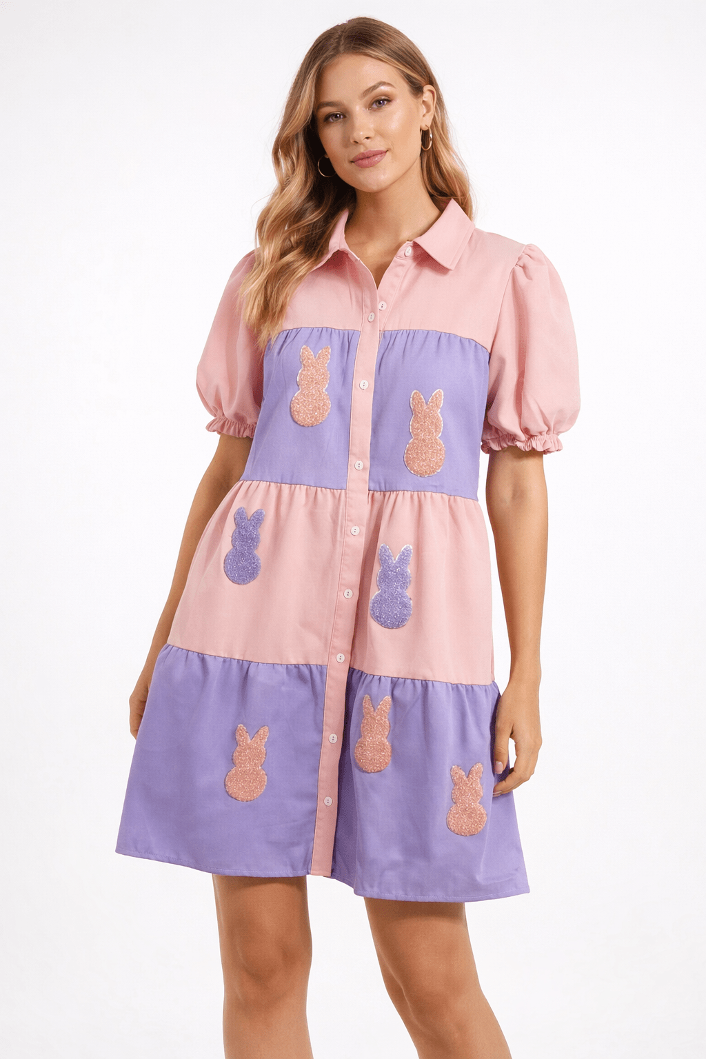 Pastel Tiered Bunny Patch Shirt Dress | Boutique Easter Style - Bella Blossom Boutique