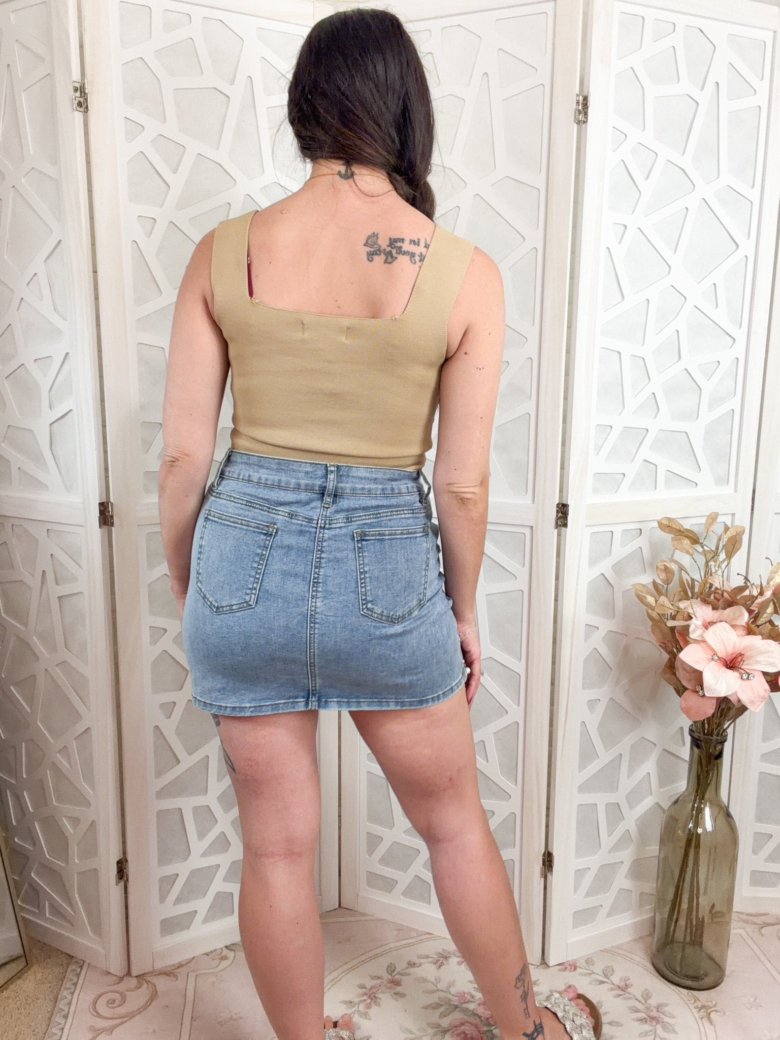 Pearl Pop Rhinestone Fringe Denim Mini Skirt - Bella Blossom Boutique